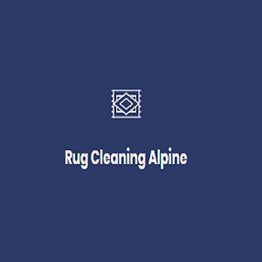 "Rug Cleaning Alpine logo on a blue background with a simple rug icon above the text."