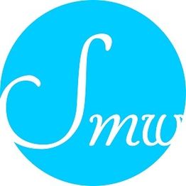 Blue circle with white cursive lettering "Smw".