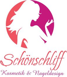 Silhouette einer Frau mit Schriftzug "Schönschliff Kosmetik & Nageldesign" in Rot und Pink.