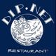 Dip Net Restaurant logo with sea creatures, a ship, and waves on a navy background.