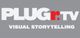 Logo met tekst "PLUGR:TV" en "VISUAL STORYTELLING" op een grijze achtergrond.