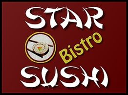 Rotes Logo mit Text "Star Sushi Bistro" und einem Kreisbild von Sushi in der Mitte.