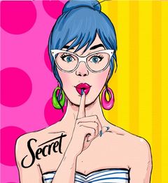 Mulher em estilo pop art com dedo nos lábios, óculos de grau e cabelo azul, com fundo colorido.