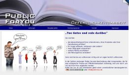 Webseite mit PR-Angeboten, Sprechblasen-Personen, und Informationen zur Öffentlichkeitsarbeit.