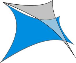 Moderner, abstrakter Entwurf mit grauen und blauen, überlappenden Dreiecken.