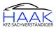 Logo mit stilisiertem Auto und Text "HAAK KFZ-SACHVERSTÄNDIGER" in blauer und schwarzer Schrift.