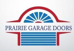 Logo with stylized garage door and text: "PRARIE GARAGE DOORS" in red, blue, and white.