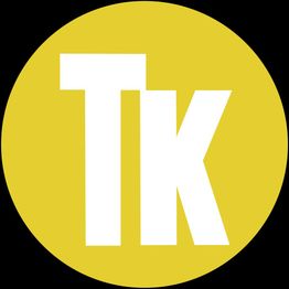 Gul cirkel med hvide bogstaver "Tk" i midten.