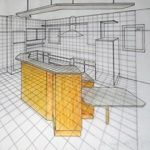 Wireframe 3D kitchen design with orange countertops and grid layout.