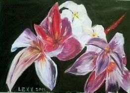 Bunte Blumenmalerei auf dunklem Hintergrund, signiert mit "LEXX 2013".