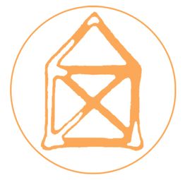 Ein orangefarbenes, stilisiertes Hauspiktogramm in einem Kreis auf weißem Hintergrund.