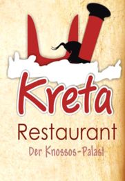 Restaurant-Logo "Kreta: Der Knossos-Palast" mit rotem Stierkopf und griechischer Säule.