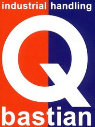 Logo mit großem weißen "Q", rot-blauem Hintergrund und Text "industrial handling bastian".