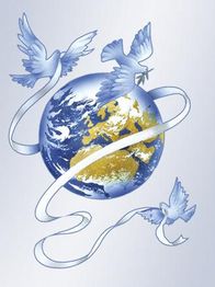 Erde mit drei fliegenden Tauben und Band umwickelt, symbolisiert Frieden und Harmonie.