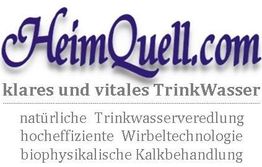HeimQuell.com-Logo mit Text zu klarem Trinkwasser, Wirbeltechnologie und Kalkbehandlung.