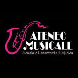 Logo con sax rosa e testo "ATENEO MUSICALE Scuola e Laboratorio di Musica" su sfondo nero.