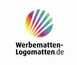 Buntes Logo mit Streifen über dem Text "Werbematten-Logomatten.de".