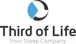 Logo mit blau-schwarzem Kreis. Text: "Third of Life - Your Sleep Company" in Schwarz und Grau.