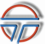 Abstraktes Logo mit einem roten Kreis, gekreuzt von blauen Linien in einem geometrischen Design.