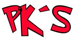 Texto "PK'S" en estilo gráfico rojo y negro sobre fondo blanco.