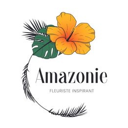 Logo "Amazonie", fleur orangée avec feuilles vertes, texte "Fleuriste Inspirant".