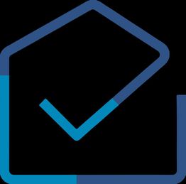 Abstracte blauwe lijntekening van een huisvorm met een vinkje erin, zwarte achtergrond.