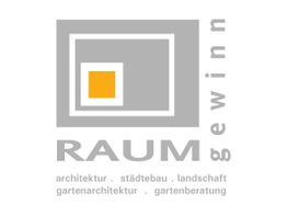 Logo von "RAUMgewinn" mit Quadraten, Text zu Architektur, Städtebau, Landschaft und Garten.