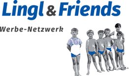 Gruppe Kinder in Badehose; Text: "Lingl & Friends, Werbe-Netzwerk" in Blau und Schwarz.