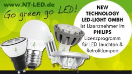 LED-Leuchten mit Schriftzug "Go green go LED!" und Infos zu Lizenznehmer bei Philips.