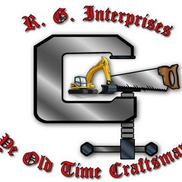 Logo of R.G. Enterprises with a clamp, excavator, and saw, and text "Ye Old Time Craftsman."