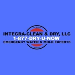 Blue background with "Integra-Clean & Dry, LLC" and emergency contact info for water and mold issues.