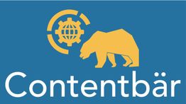 Logo mit gelbem Bär und Zahnrädern auf blauem Hintergrund, Text: "Contentbär".