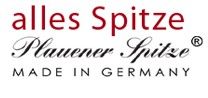 Logo mit rotem Schriftzug "alles Spitze", darunter "Plauener Spitze", "MADE IN GERMANY".