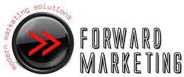 Logo mit schwarzem Kreis und roten Pfeilen, Text: "Forward Marketing", "modern marketing solutions".