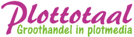 Logo met tekst: "Plottotaal - Groothandel in plotmedia" in roze en groen.