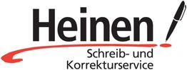 "Heinen Schreib- und Korrekturservice-Logo in Schwarz und Rot mit Stiftgrafik."