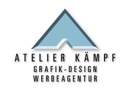 Logo mit blauem Dreieck und Text "Atelier Kämpf Grafik-Design Werbeagentur".