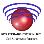 Logo mit roter Kugel und blauen Bögen, Text: "R5 Compuserv AC" und "Soft & Hardware Solutions".