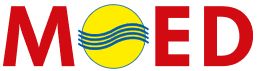 Logo mit dem Wort "MOED" in Rot. Ein gelber Kreis mit blauen Wellen ersetzt das "O".
