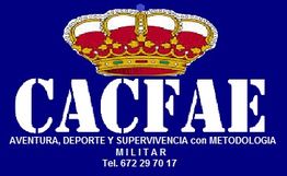 Texto en fondo azul: CACFAE, aventura y deporte militar. Tel. 672 29 70 17.