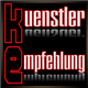 Schwarzes Quadrat mit roter Aufschrift „Kuenstler Empfehlung“, vertikal und horizontal platziert.