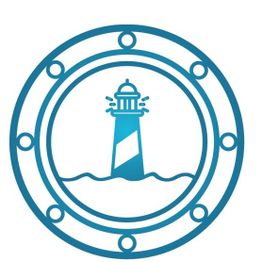 Icono de un faro azul en un círculo con marco de anillos, sobre fondo blanco.