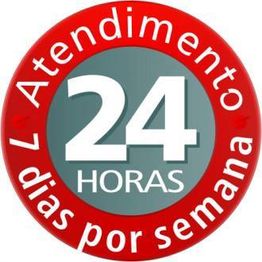 Selo vermelho e cinza com os dizeres "Atendimento 24 horas, 7 dias por semana".