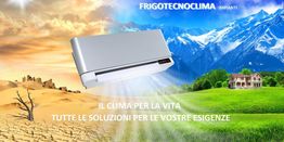 Condizionatore tra deserto e paesaggio montano, con slogan "Il clima per la vita".