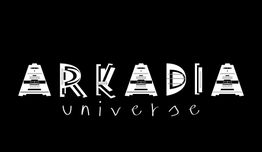 Texto "ARKADIA universe" en blanco sobre fondo negro, con estilo geométrico y moderno.