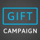 Logo con scritta "GIFT CAMPAIGN" su sfondo grigio, contorno azzurro.