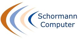 Logo von "Schormann Computer" mit blauen, orangefarbenen und beigen Kurven links vom Text.