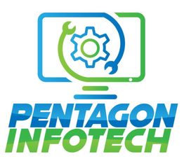 Logo mit Monitor, Zahnrad, Schraubenschlüssel; Text: "Pentagon Infotech" in Blau und Grün.