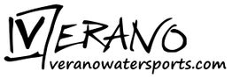 "Schwarzes Logo mit der Aufschrift 'VERANO' und 'veranowatersports.com' in künstlerischer Schrift."