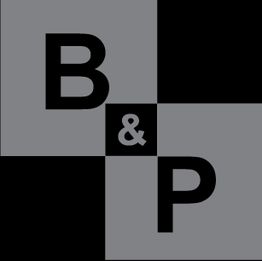 Graues Logo mit schwarzen Buchstaben "B & P" auf vier quadratischen Feldern.